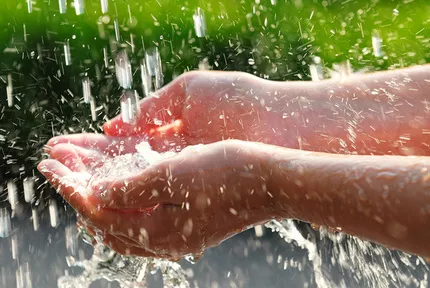 Vatten som faller över händer. Bildkälla: mostphotos.se